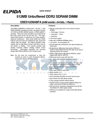 EBE51UD8ABFA datasheet - 512MB Unbuffered DDR2 SDRAM DIMM (64M words x 64 bits, 1 Rank)