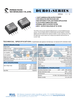 DUR01-12S12 datasheet - 1 WATT UNREGULATED OUTPUT POWER