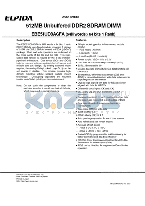 EBE51UD8AGFA-4A-E datasheet - 512MB Unbuffered DDR2 SDRAM DIMM (64M words x 64 bits, 1 Rank)