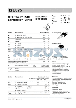 IXGP7N60C datasheet - HiPerFAST IGBT Lightspeed Series