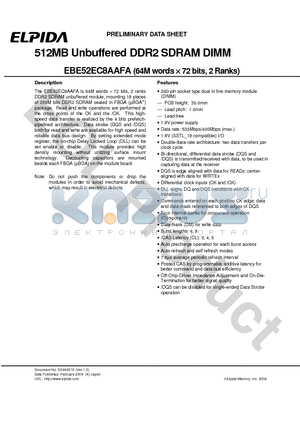 EBE52EC8AAFA-4A-E datasheet - 512MB Unbuffered DDR2 SDRAM DIMM