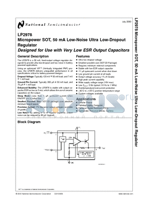 LP2978 datasheet - Micropower SOT, 50 mA Low-Noise Ultra Low-Dropout Regulator