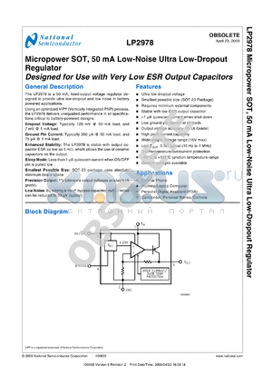 LP2978 datasheet - Micropower SOT, 50 mA Low-Noise Ultra Low-Dropout Regulator Designed for Use with Very Low ESR Output Capacitors