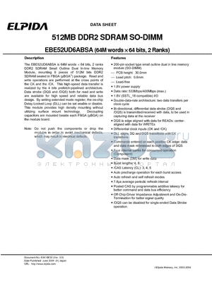 EBE52UD6ABSA-5C-E datasheet - 512MB DDR2 SDRAM SO-DIMM (64M words x 64 bits, 2 Ranks)