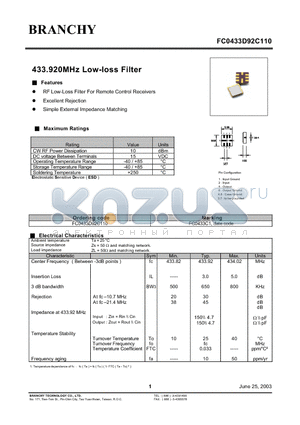 FC0433D92C110 datasheet - 433.920MHz Low-loss Filter