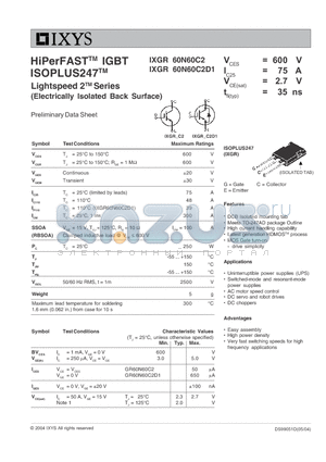 IXGR60N60C2D1 datasheet - Lightspeed 2TM Series (Electrically Isolated Back Surface)