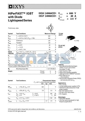 IXGT24N60CD1 datasheet - HiPerFAST IGBT with Diode Lightspeed Series