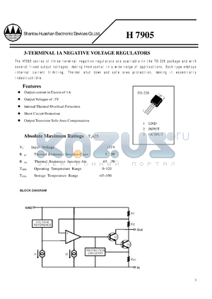 H7905 datasheet - 3-TERMINAL 1A NEGATIVE VOLTAGE REGULATORS