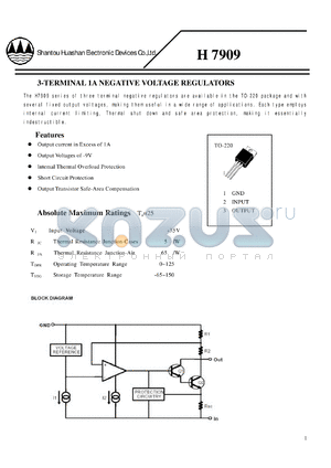 H7909 datasheet - 3-TERMINAL 1A NEGATIVE VOLTAGE REGULATORS