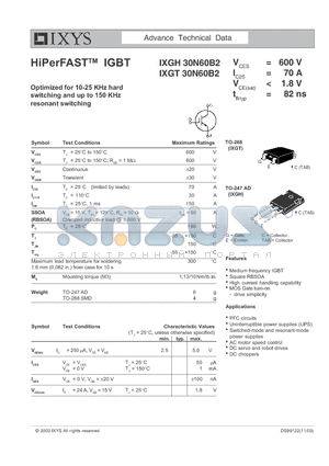 IXGT30N60B2 datasheet - HiPerFAST IGBT