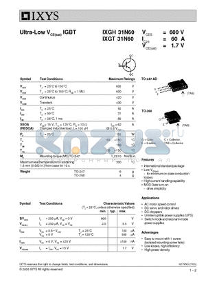 IXGT31N60 datasheet - Ultra-Low VCE(sat) IGBT