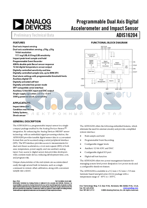 ADIS16204 datasheet - Programmable Dual Axis Digital Accelerometer and Impact Sensor