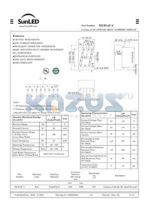 DUR14C-1 datasheet - 14.2mm (0.56) SINGLE DIGIT NUMERIC DISPLAY