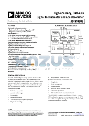ADIS16209 datasheet - High-Accuracy, Dual-Axis Digital Inclinometer and Accelerometer