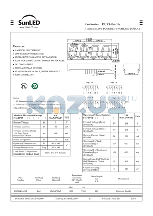 DUR14A4-1A datasheet - 14.22mm (0.56) FOUR DIGIT NUMERIC DISPLAY
