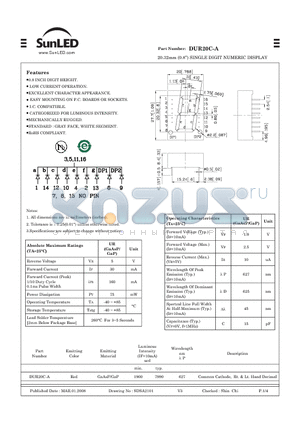 DUR20C-A datasheet - 20.32mm (0.8) SINGLE DIGIT NUMERIC DISPLAY