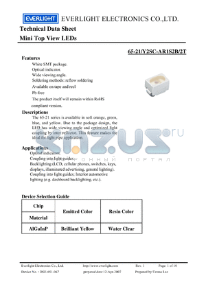 65-21-Y2SC-AR1S2B-2T datasheet - Mini Top View LEDs