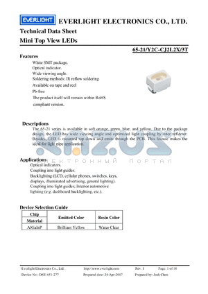 65-21/Y2C-CJ2L2X/3T datasheet - Mini Top View LEDs