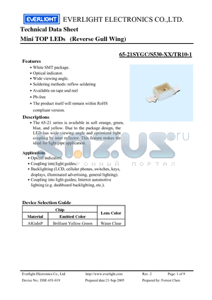 65-21SYGC/S530-XX/TR10-1 datasheet - Mini TOP LEDs (Reverse Gull Wing)