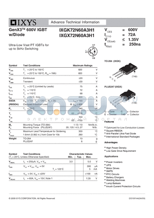 IXGX72N60A3H1 datasheet - GenX3 600V IGBT w/Diode