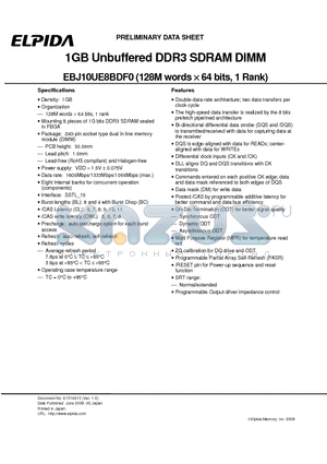 EBJ10UE8BDF0 datasheet - 1GB Unbuffered DDR3 SDRAM DIMM