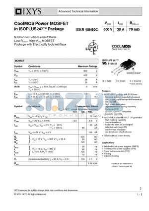 IXKR40N60C datasheet - CoolMOS Power MOSFET in ISOPLUS247 Package