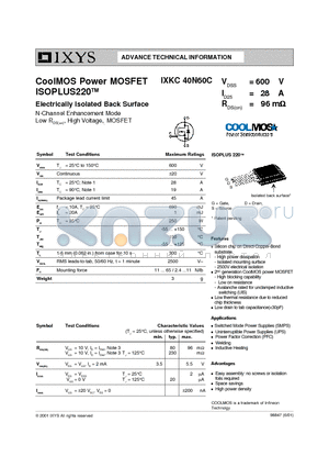 IXKC40N60C datasheet - CoolMOS Power MOSFET ISOPLUS220