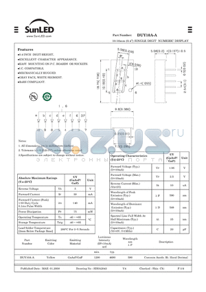 DUY10A-A datasheet - 10.16mm (0.4) SINGLE DIGIT NUMERIC DISPLAY