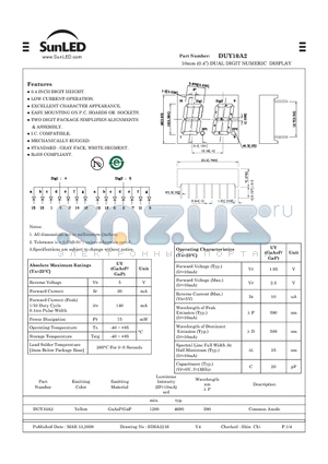 DUY10A2 datasheet - 10mm (0.4) DUAL DIGIT NUMERIC DISPLAY