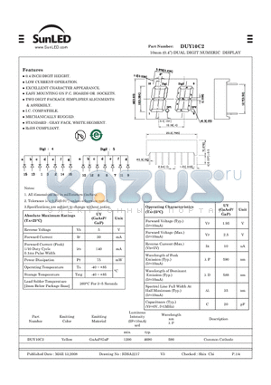 DUY10C2 datasheet - 10mm (0.4) DUAL DIGIT NUMERIC DISPLAY
