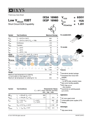 IXSA16N60 datasheet - Low V CE(sat) IGBT - Short Circuit SOA Capability