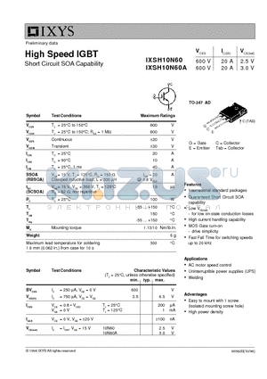 IXSH10N60 datasheet - High Speed IGBT - Short Circuit SOA Capability