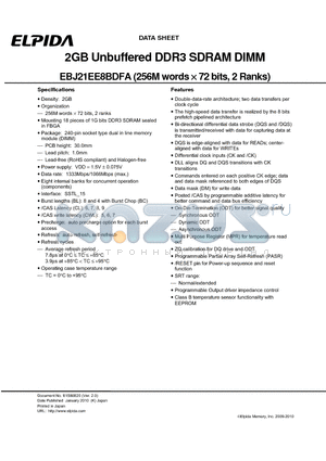 EBJ21EE8BDFA-DJ-F datasheet - 2GB Unbuffered DDR3 SDRAM DIMM