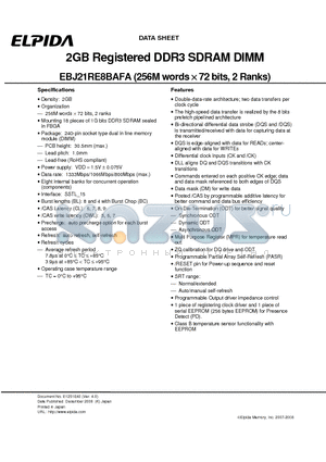 EBJ21RE8BAFA datasheet - 2GB Registered DDR3 SDRAM DIMM
