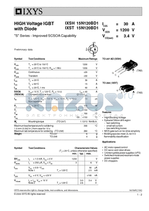 IXSH15N120BD1 datasheet - S Series - Improved SCSOA Capability