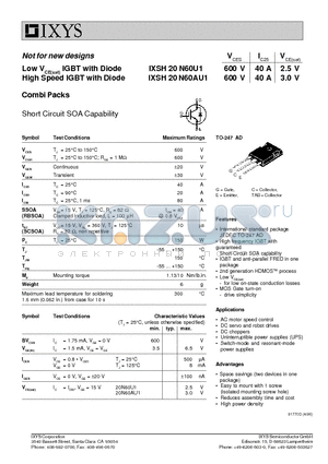 IXSH20N60AU1 datasheet - Low VCE(sat) IGBT with Diode, High Speed IGBT with Diode