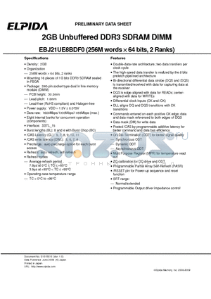 EBJ21UE8BDF0-AE-F datasheet - 2GB Unbuffered DDR3 SDRAM DIMM