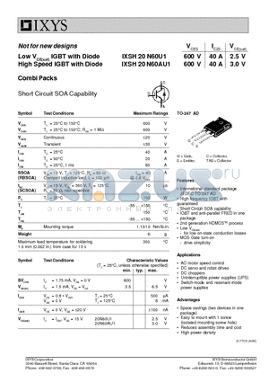 IXSH20N60U1 datasheet - Low VCE(sat) IGBT with Diode, High Speed IGBT with Diode