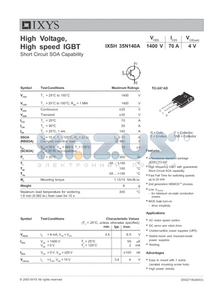 IXSH35N140A datasheet - High Voltage, High speed IGBT - Short Circuit SOA Capability