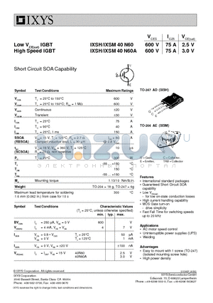 IXSH40N60A datasheet - Low VCE(sat) IGBT, High Speed IGBT