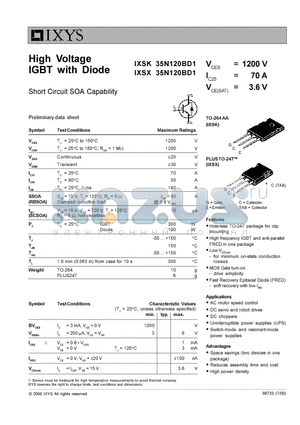 IXSK35N120BD1 datasheet - HIGH VOLTAGE IGBT WITH DIODE