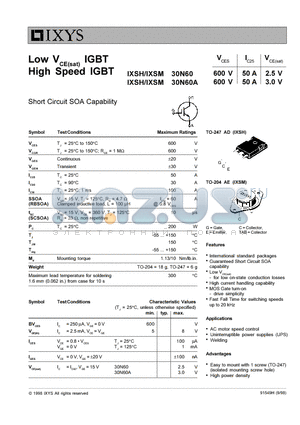 IXSM30N60 datasheet - Low VCE(sat) IGBT, High Speed IGBT