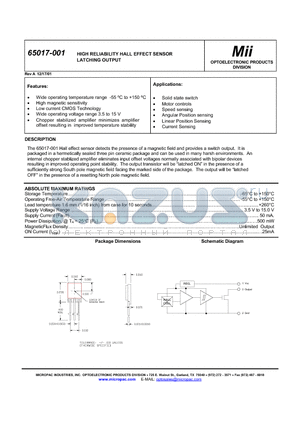 65017-001 datasheet - HIGH RELIABILITY HALL EFFECT SENSOR LATCHING OUTPUT