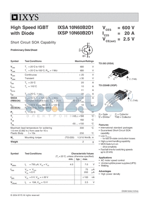 IXSA10N60B2D1 datasheet - High Speed IGBT with Diode