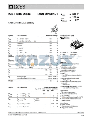IXSN80N60AU1 datasheet - IGBT with Diode - Short Circuit SOA Capability