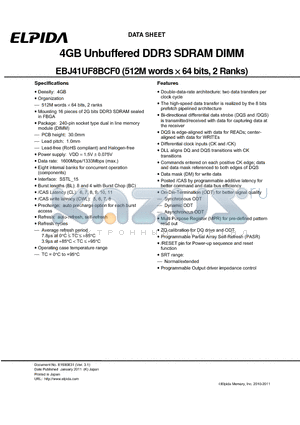 EBJ41UF8BCF0-DJ-F datasheet - 4GB Unbuffered DDR3 SDRAM DIMM