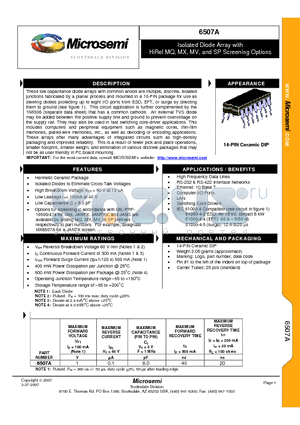6507A datasheet - Isolated Diode Array with HiRel MQ, MX, MV, and SP Screening Options