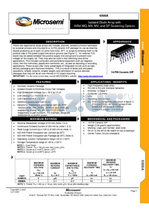 6508A datasheet - Isolated Diode Array with HiRel MQ, MX, MV, and SP Screening Options
