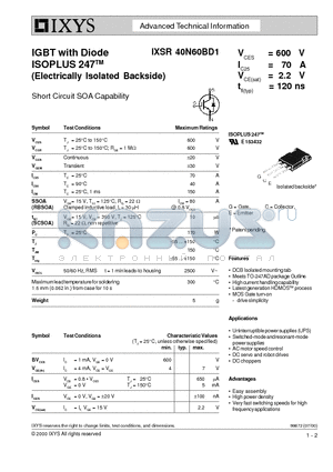 IXSR40N60BD1 datasheet - IGBT with Diode ISOPLUS 247 (Electrically Isolated Backside)