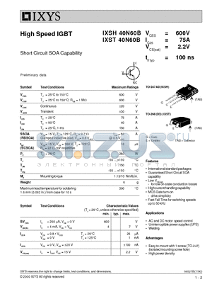 IXST40N60B datasheet - High Speed IGBT